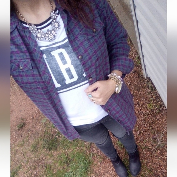 Eddie Bauer flannel shirt button up long sleeve plaid gray purple magenta pink M - Picture 2 of 8